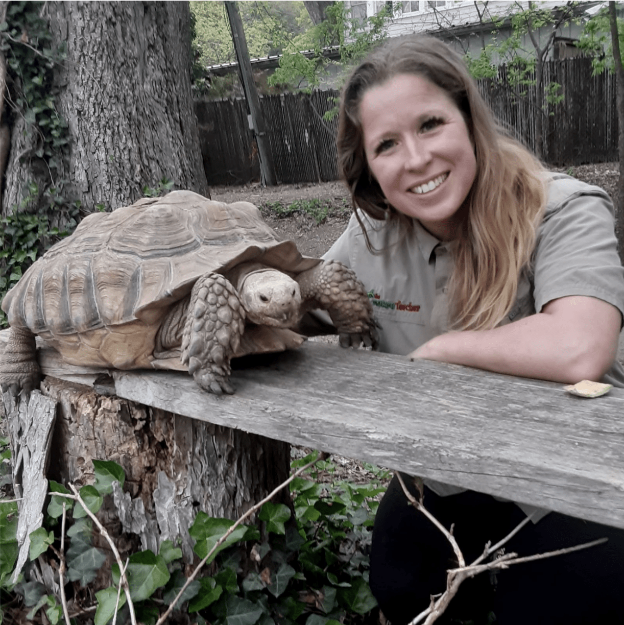 The Creature Teacher Tiffany with a tortoise